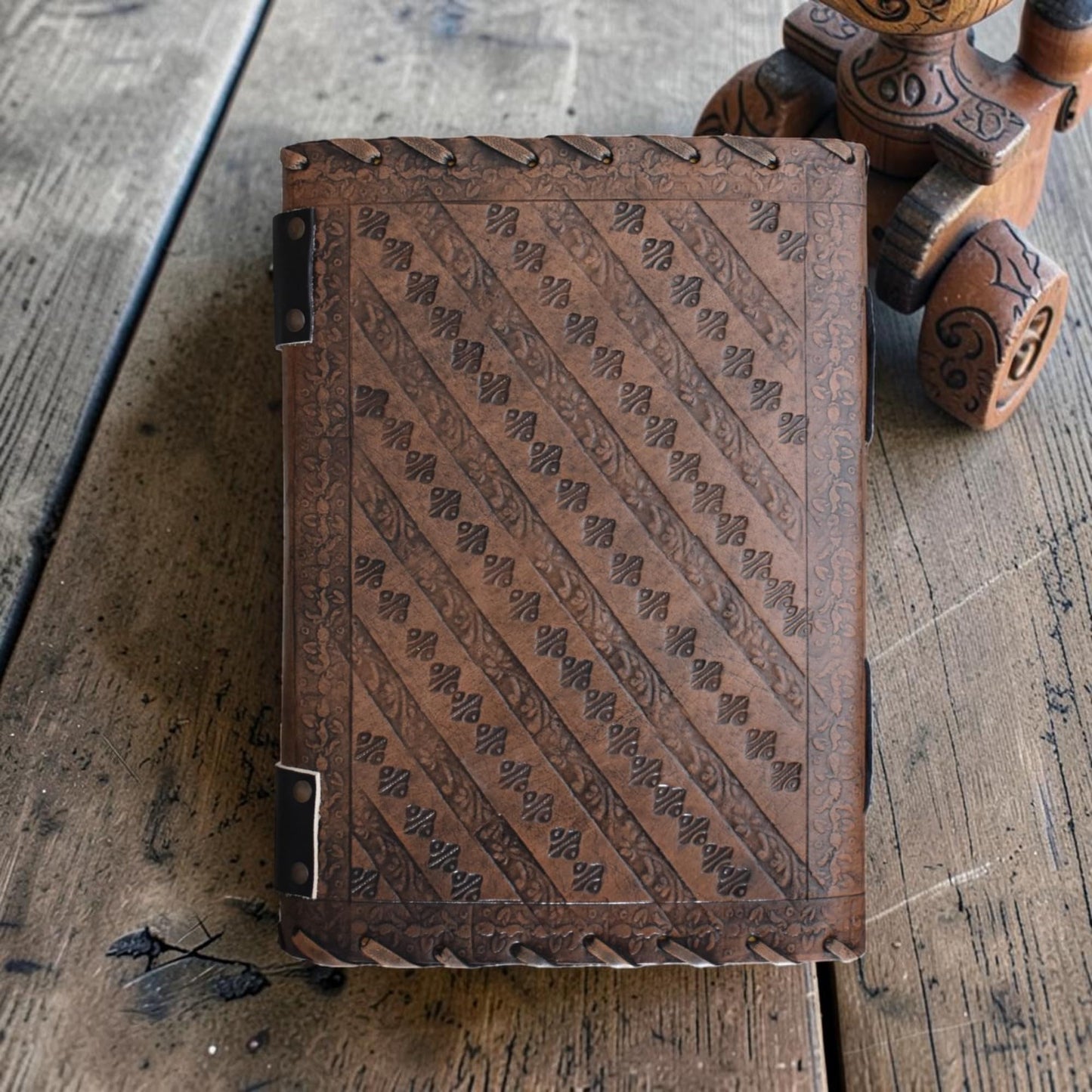 KMAAC leather bound journal book of shadows vintage leather journal deckle edge paper antique spell book wiccan seven stone chakra journal unlined lock daily notebook sketchbook 10x7