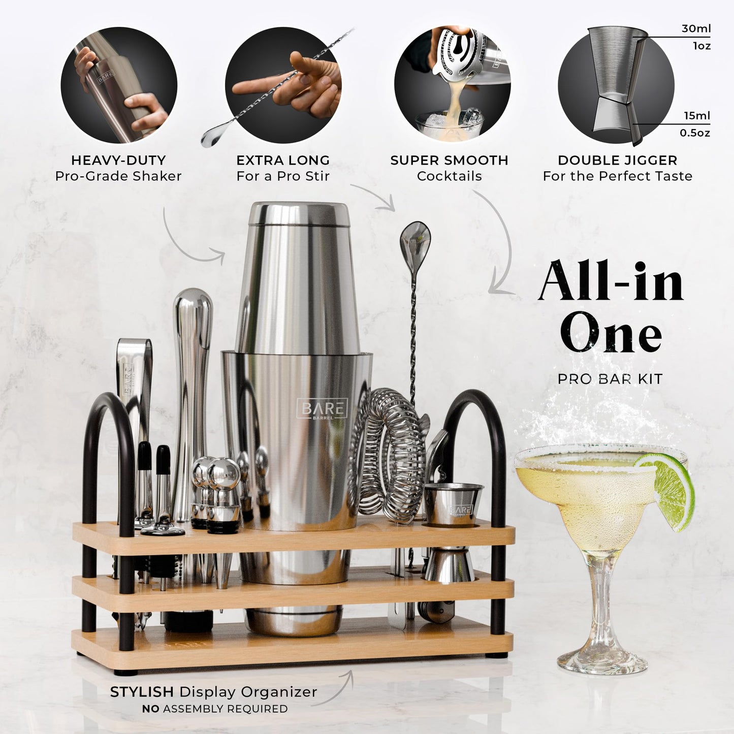 Pro Cocktail Kit | Mixology Bartender Kit | 14-Piece Cocktail Shaker Set | Martini Home Bartending Bar Accessories | Incl. 35 Recipe Cards | Gift Set (800ml/28oz Boston Shaker, Silver/Natural)