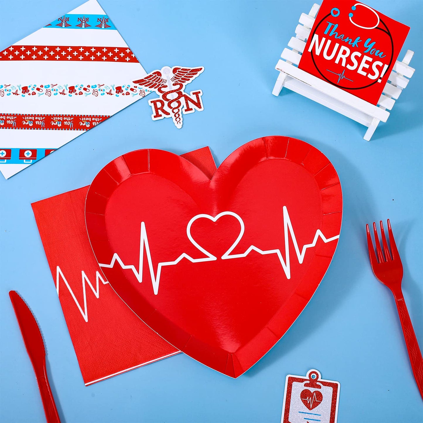 Whaline 80Pcs 2025 Nurse Graduation Tableware Set Red Heart Rate Prints Disposable Dinnerware Set 40Pcs Heart Shape Paper Plates 40Pcs Lunch Napkins for Doctor Nurse Graduation Party Supplies