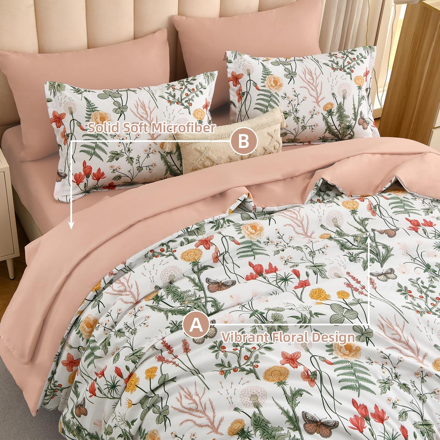 Yiran 7 Piece Floral Comforter Set King Size, White Green Summer Comforter Bedding Set, Botanical Bed in a Bag with Flowers Pattern, Soft Microfiber Complete Bedding Set with Sheets for All Season