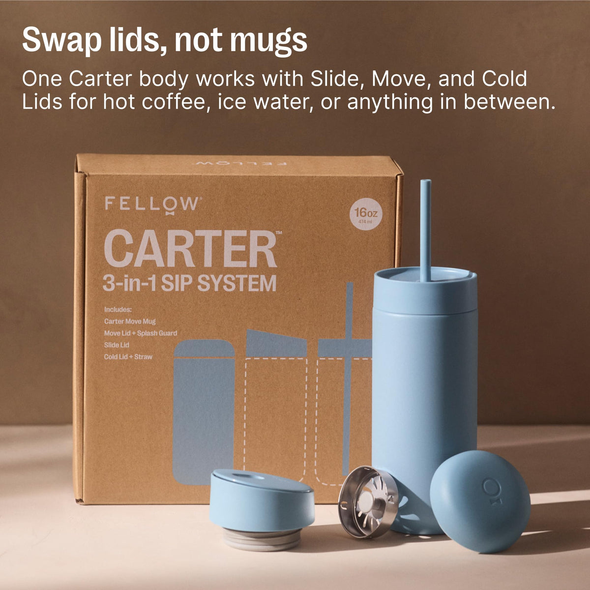 Fellow 16 oz Carter Bundle (3 in 1) Travel Mug with Slide-Lock, Move & Cold Lids with Straw - to-Go Coffee Tumbler, Ceramic Interior & Vacuum-Insulated Stainless Steel - Coffee Cups-Hazy Blue