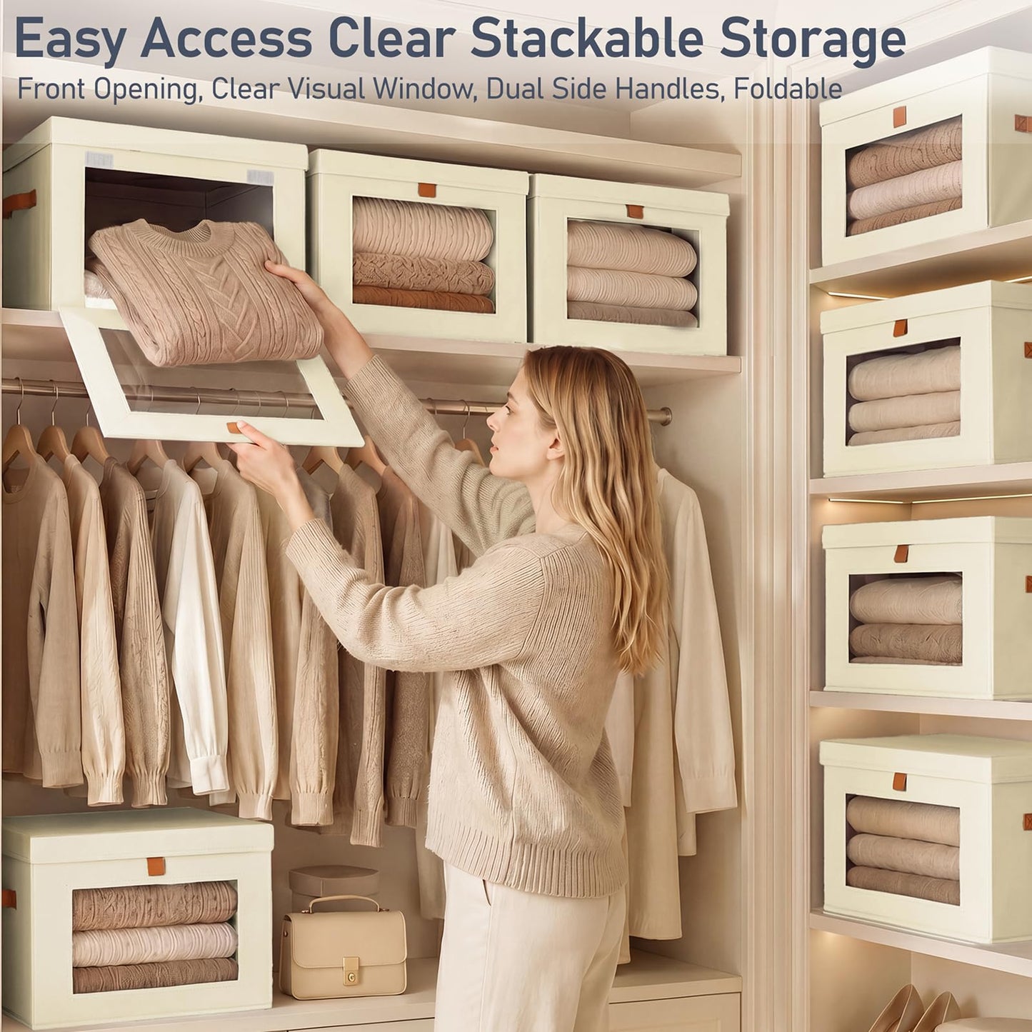 DIMJ Fabric Storage Box with Lid - 4 Pack Stackable Large Closet Storage Bins with Lid & Clear Window for Clothes, Foldable Decorative Basket Organizer Living Room,Bedroom,Office, Beige