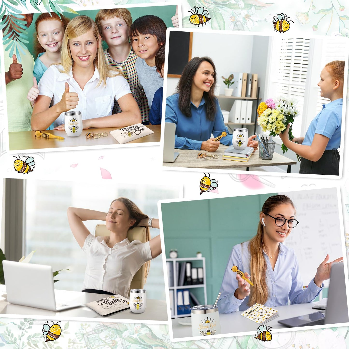 Panitay 6 Pcs Bee Themed Gifts Set for Women, 12 Ounce Stainless Steel Tumbler with Straw and Brush Socks Cosmetic Bag Notebook Pen Keychain for Mom Friends Teacher Bee Lover Gifts