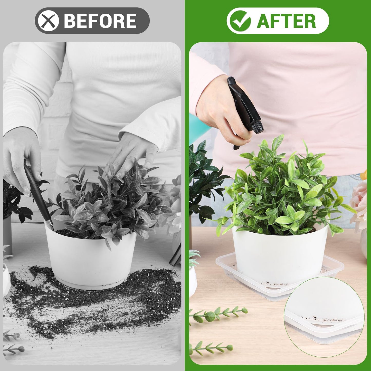 Greaner Clear Plant Plates to Catch Water, 12 Inch Durable Thick Saucer for Flower Pot, Square Plant Saucer Plant Trays for Pots, Flower Pot Saucers to Catch Water Drip Tray(6 Packs)