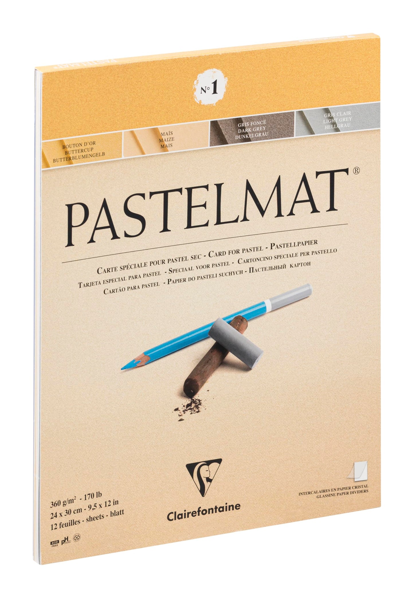 Clairefontaine - Pastelmat Palette No.1 Glued Pad - 12 Sheets - Cards for Pastel - 24 x 30 cm 360 g - 170 Lb - 4 Assorted Shades - Crystal Paper Dividers - 96017C