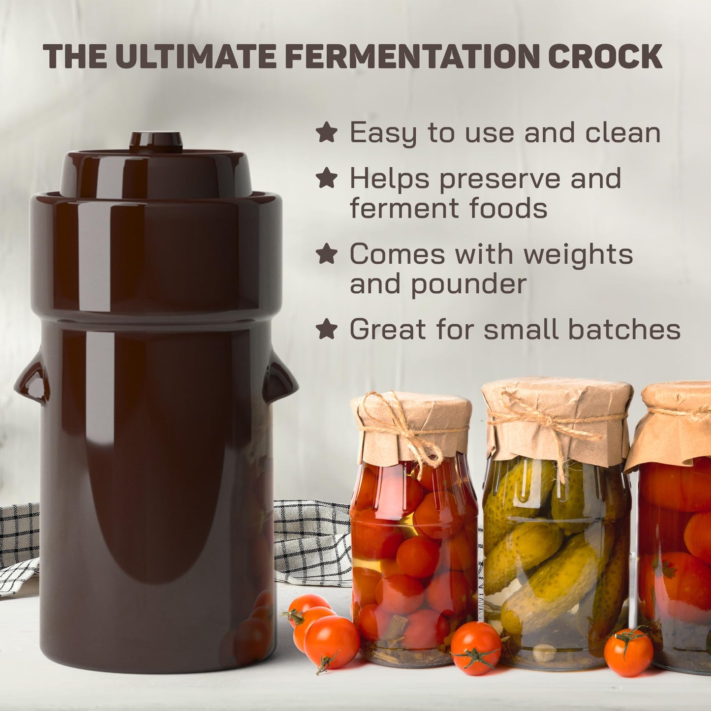 Kenley Fermentation Crock Jar 4 Litre & Pounder - 1 Gallon Fermenting Pickling Pot for Healthy Kimchi Sauerkraut Pickles Fermented Vegetables - Stoneware Ceramic Fermenter with Weights & Lid