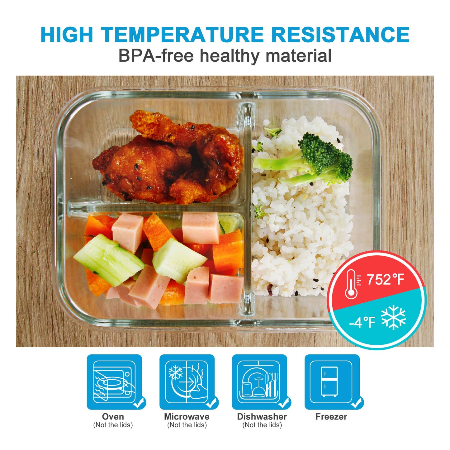 DAS TRUST 3 Pack Bento Box Glass Meal Prep Container 3 Compartment Glass Food Storage Containers with Lids Meal Prep Bowls Lunch Box for Oven