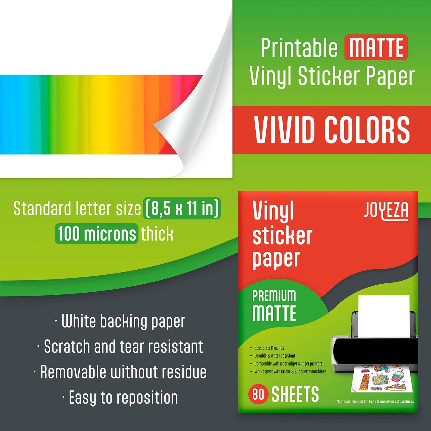 JOYEZA Premium Printable Vinyl Sticker Paper for Inkjet Printer - 80 Sheets Matte White Waterproof, Dries Quickly Vivid Colors, Holds Ink Well- Tear Resistant - Inkjet & Laser Printer