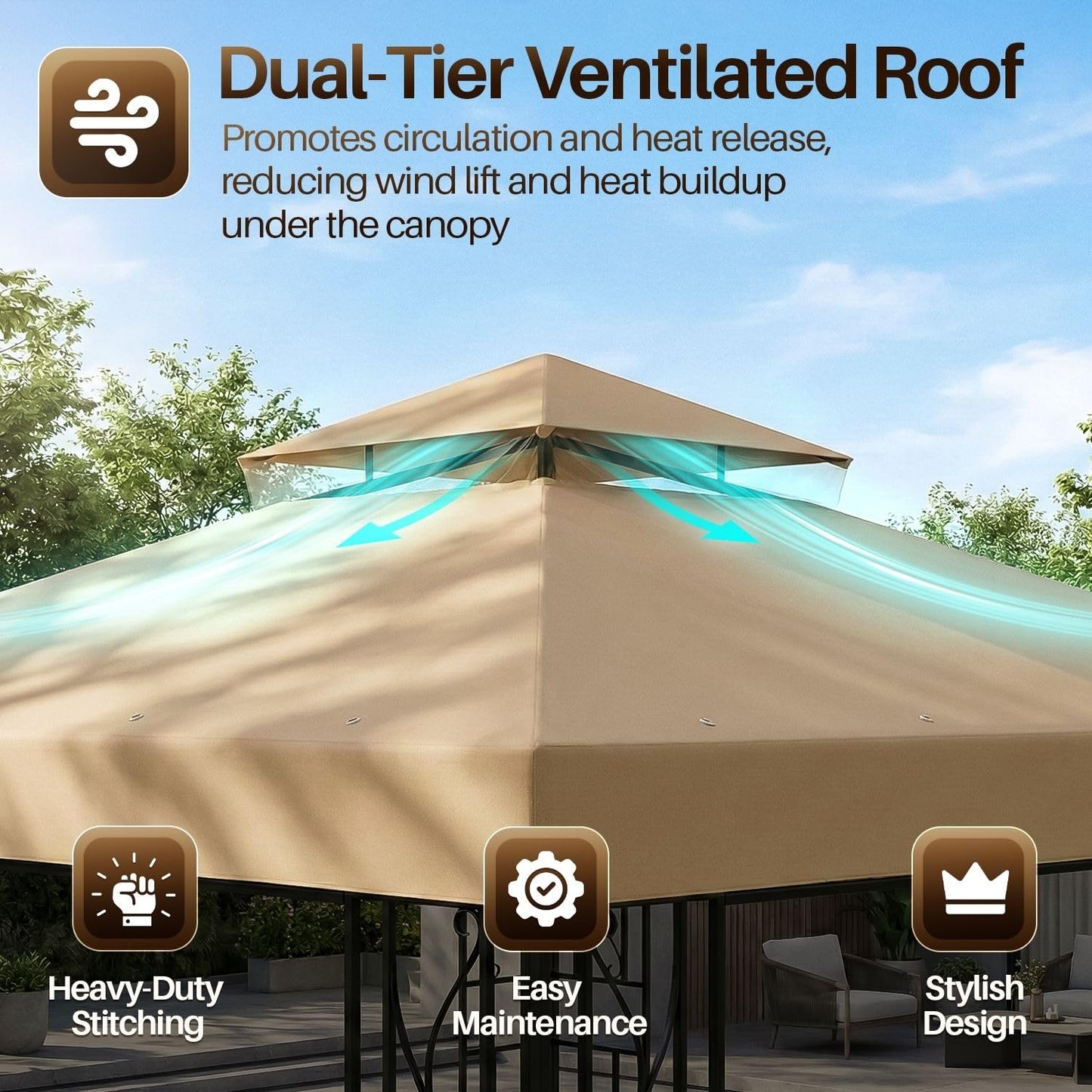 Flexzion Gazebo Cover Replacement Canopy Top 12x12 Ft (3.6m x 3.6m) - Double Tier Top Canopy Cover Replacement with UV30+, Dirt, Water Resistant for Outdoor, Sunshade, Garden, Patio, Pavilion (Beige)