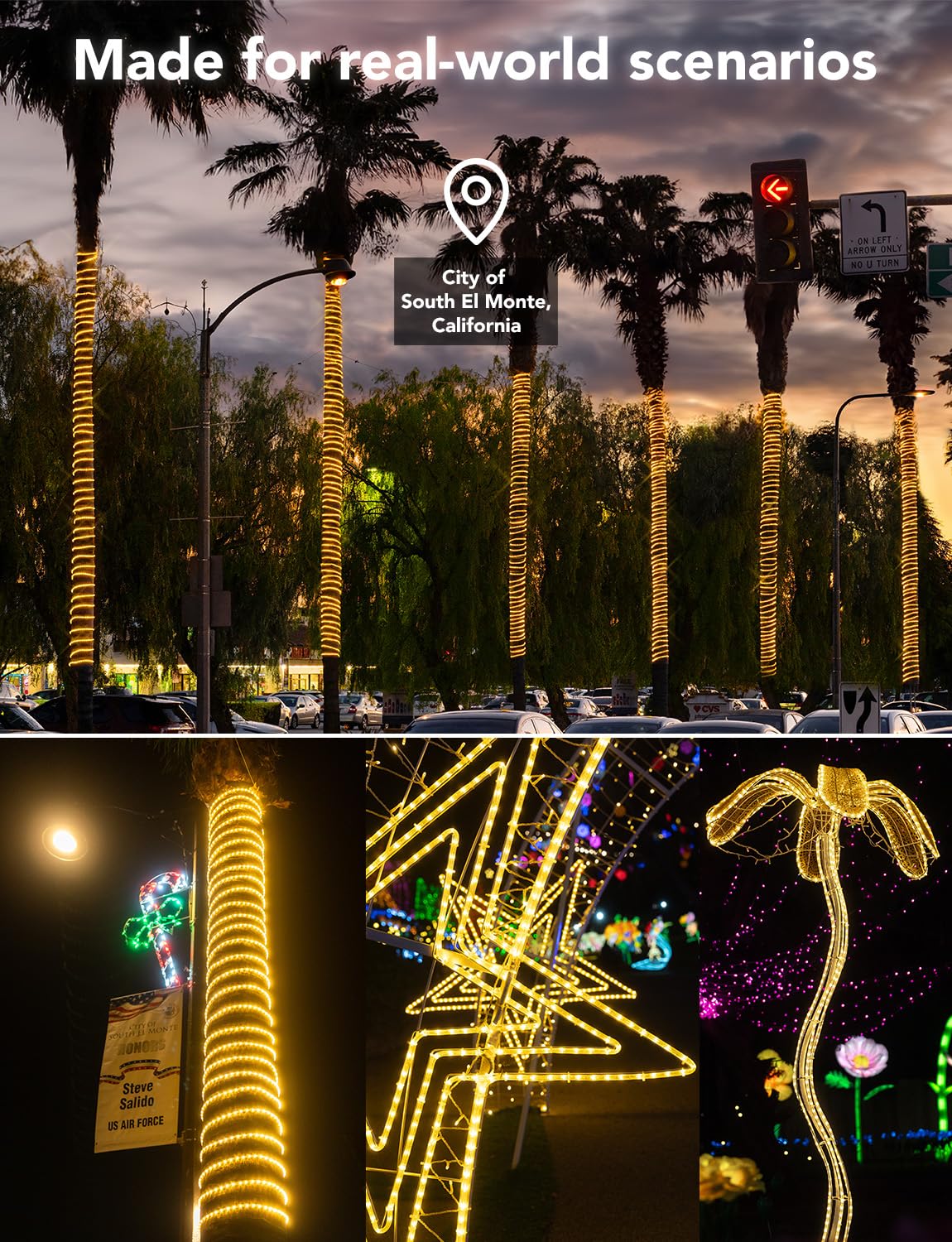WYZworks 288LEDs, 25ft LED Outside Rope Lights, Waterproof Permanent Outdoor ETL Certified Connectable Clear Tube, Christmas Palm Tree Holiday Decorative Landscape Patio Accent Lighting - Warm White