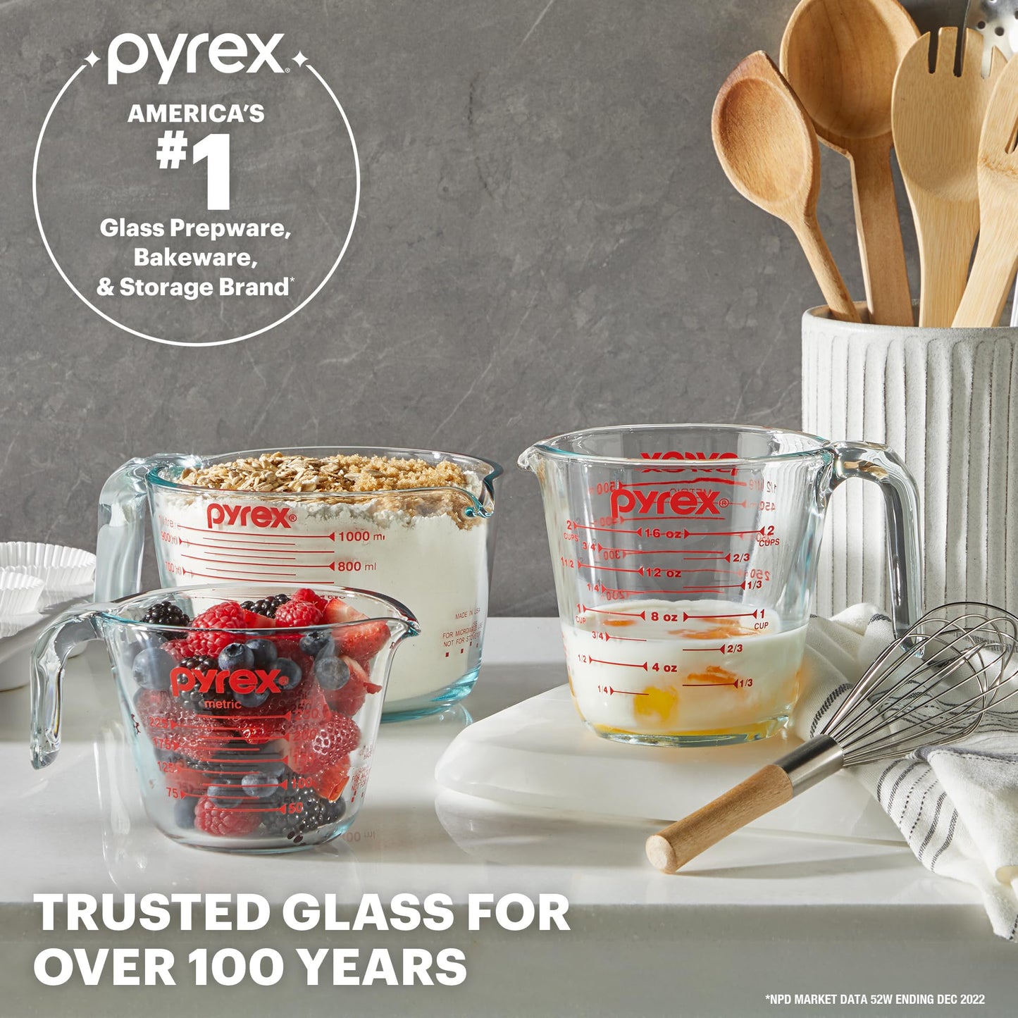 Pyrex 3 Piece Glass Measuring Cup Set, Includes 1-Cup, 2-Cup, and 4-Cup Tempered Glass Liquid Measuring Cups, Dishwasher, Freezer, Microwave, and Preheated Oven Safe, Essential Kitchen Tools