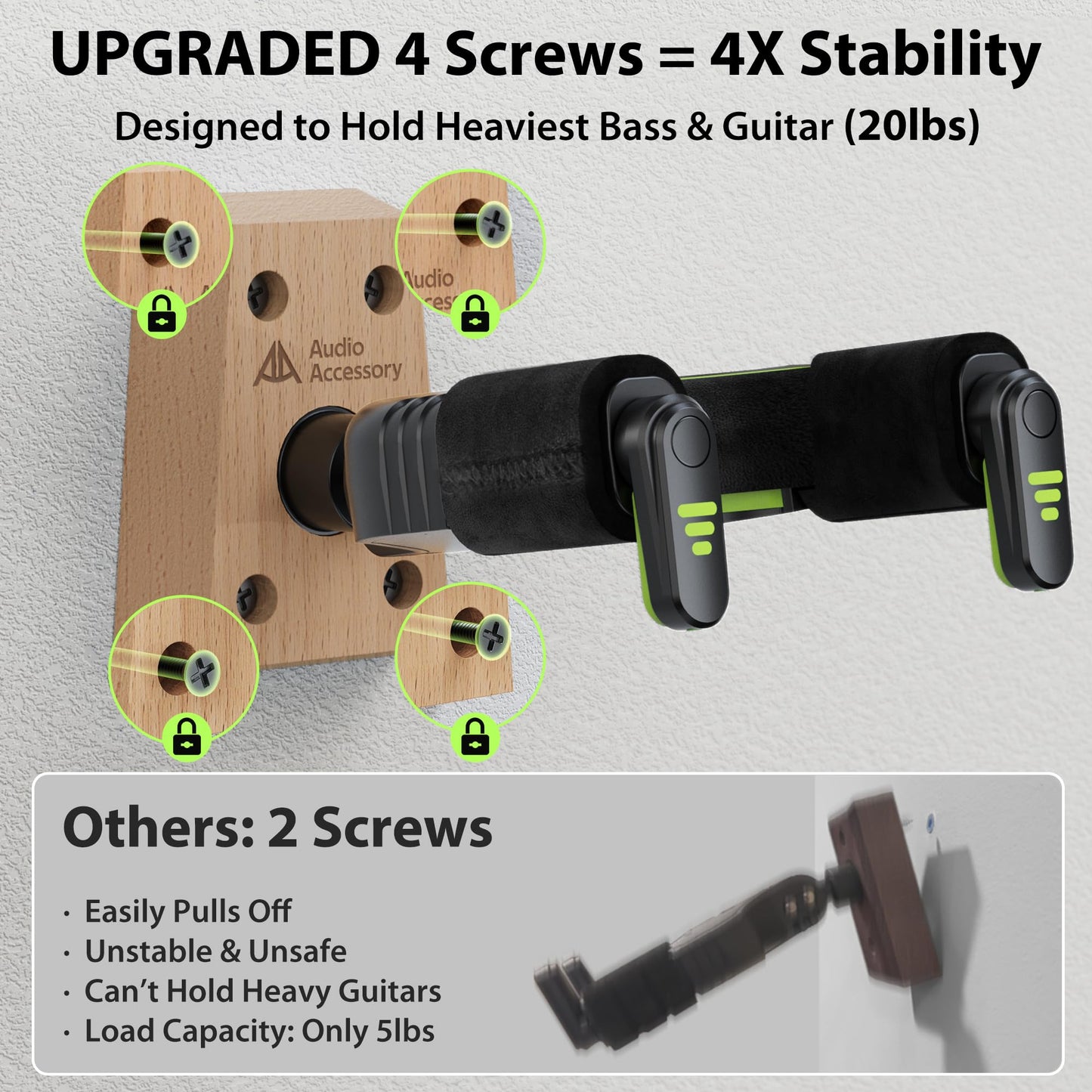 AA AUDIO ACCESSORY Guitar Wall Mount Autolock - Nitro Friendly Velvet Hook (Heavy-Duty Design) 4-Screw Wood Base of 20lbs Load Guitar Wall Hanger for Bass, Acoustic, Classical, Electric Guitar