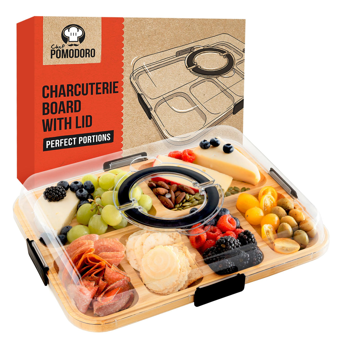 Chef Pomodoro Travel Charcuterie Board with Lid, Serving Tray, Portable, Covered Tray with Lid, Cheese Platter, Wood Grazing Board with 6 Compartments 14.4 X 11.4 in (36.7 X 29 cm)