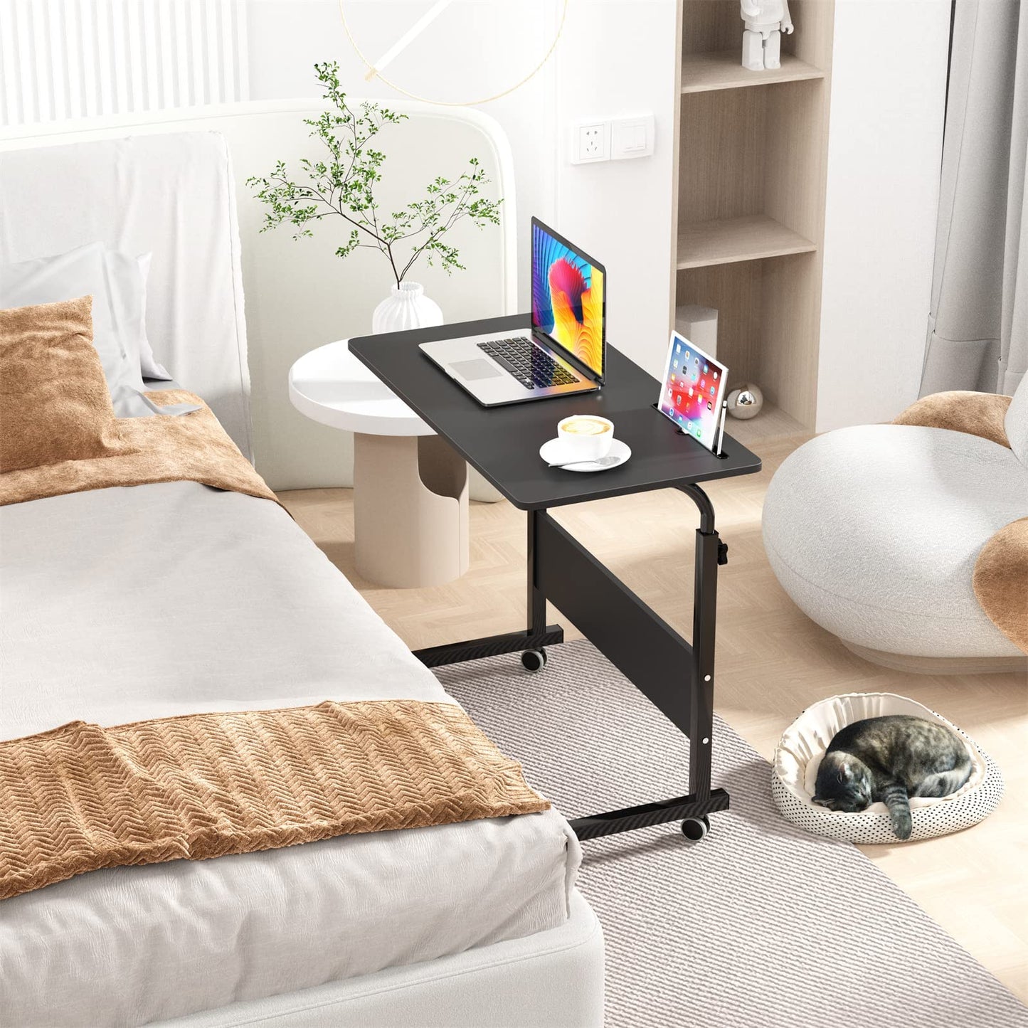 SogesPower 31.5 inches Mobile Laptop Desk Adjustable Height Stand Side Table with Wheels Workstation Laptop Computer Stand Bedside Table Portable Side Table for Bed Sofa,Mobile End Desk,Black