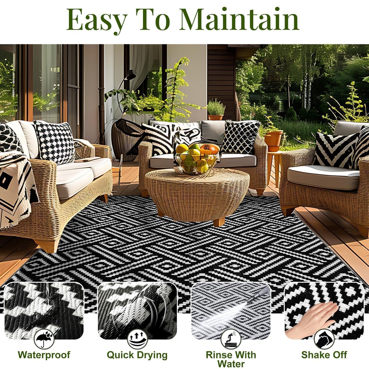 OPPODREAM Outdoor Rug 5x7 Ft, Waterproof Outdoor Plastic Straw Rug for Patio, Reversible Out Door Carpet for Camping, Deck, Rv, 5 x 7 Area Carpet Balcony, Porch, Backyard, Black and White