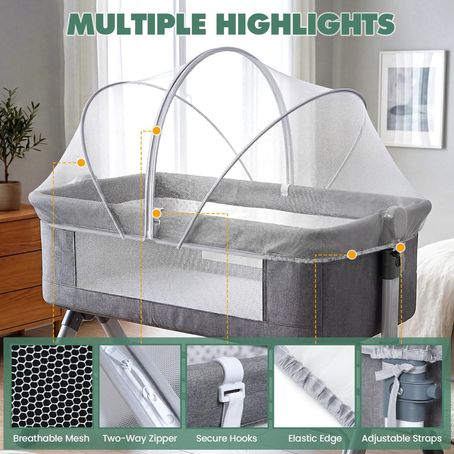 Orzbow Bassinet Cover for Cats - Breathable Mosquito Net Cover for Cradles/Travel Cribs/Mini Cribs, Baby Mosquito Net to Keep Pets Out, Baby Bassinet Accessories, Two-Way Self-Locking Zippers, White