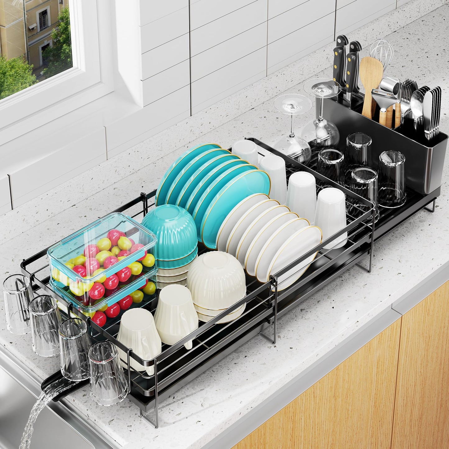 Large Dish Drying Rack - Extendable Dish Rack for Kitchen Counter, Multifunctional Dish Drainer with Drainboard Set, Dishrack with Utensil Holder & Cup Holder, 13.4"-28.7" L x 11.8" W, Black