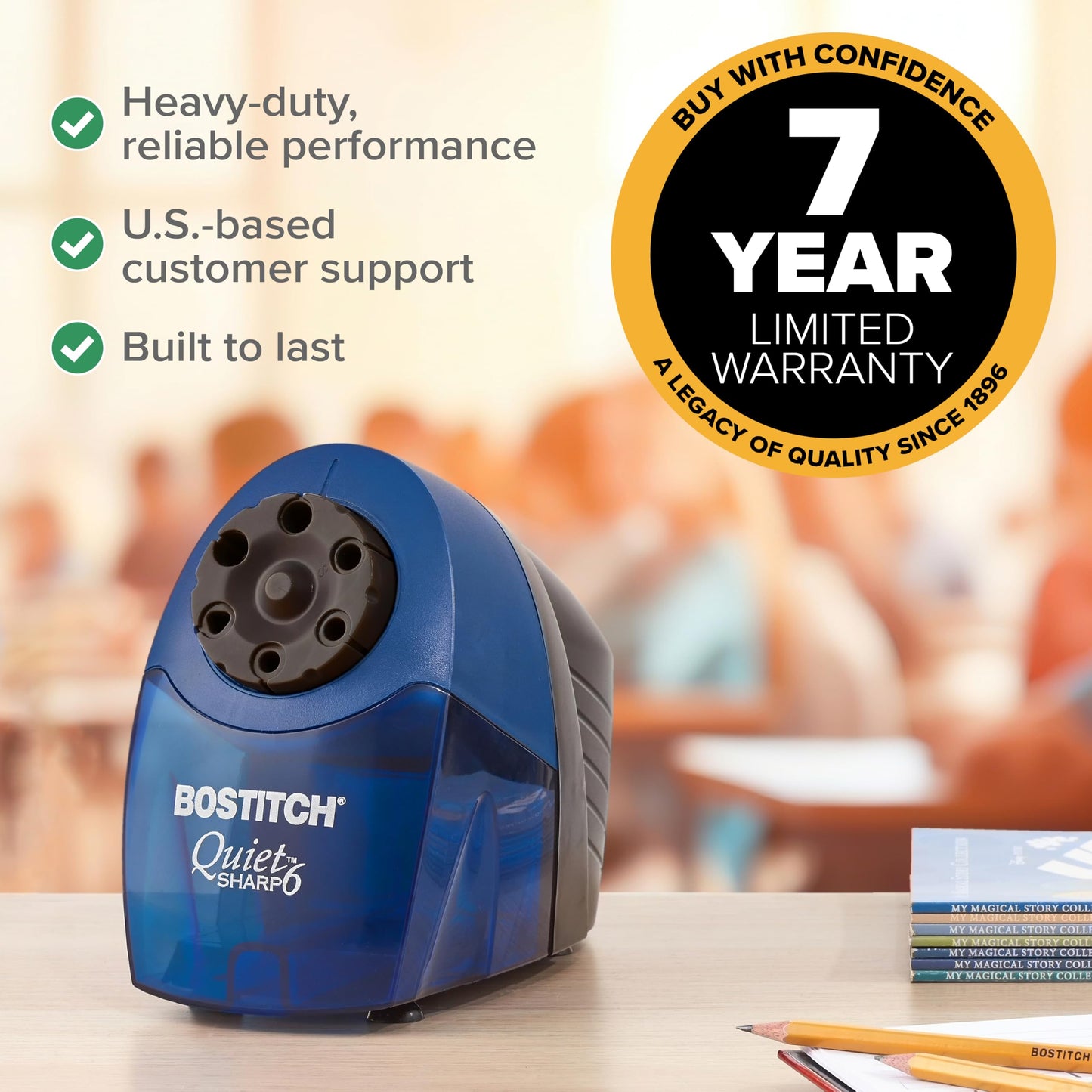 Bostitch QuietSharp 6 Heavy Duty Classroom Electric Pencil Sharpener, 6-Holes, Blue (EPS10HC)