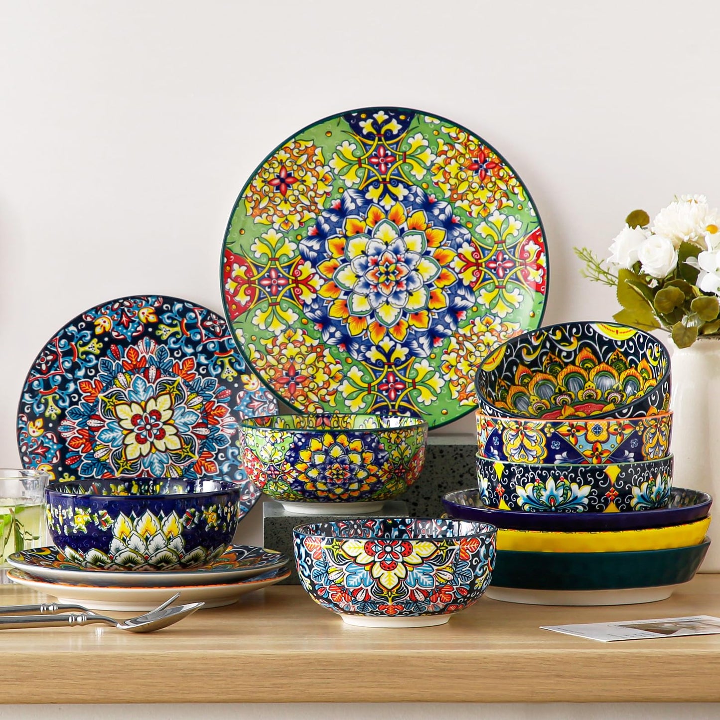 vancasso Cereal Bowls Set of 6, Bohemian Ceramic Soup Bowls, 28 oz Colorful Bowls Set, Dishwasher & Microwave Safe for Salad, Pasta, Rice, Oatmeal, Fruit