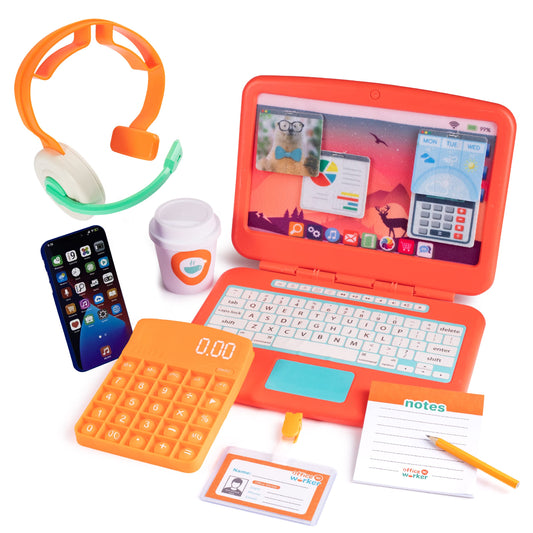 Born Toys Kids Pretend Play - Work from Home Office Toys w/Kids Laptop, Headset, Toy Phone w/LED & Sounds for Ages 3-7
