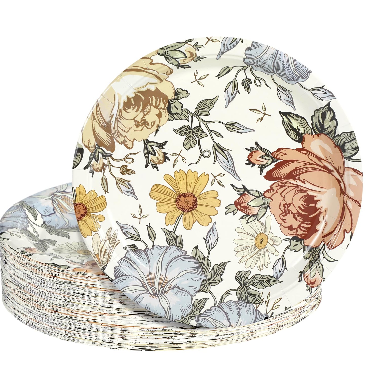 Uiifan 36 Pieces Vintage Flower Style Paper Plates, 9 Inches Elegant Wildflower Paper Plates Butterfly Disposable Plant Seashell Party Supplies for Garden Tea Wedding Birthday Shower (Floral)