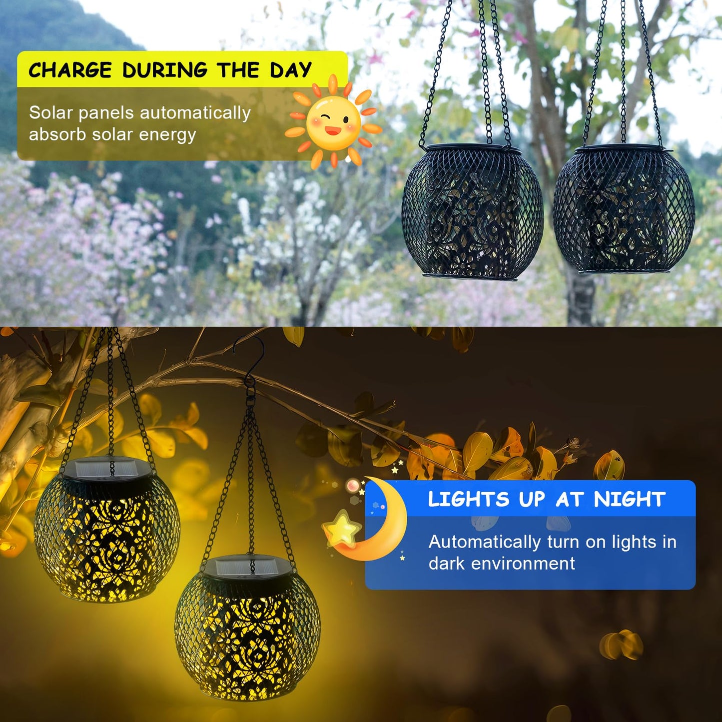 Mizmakp Solar Lanterns Outdoor 4 Pack, 1000mAh Hanging Solar Lights Outdoor IP65 Waterproof Metal Lanterns with Pattern, Garden Lights for Yard Patio Porch Pathway Fence(11.5x11.5cm)