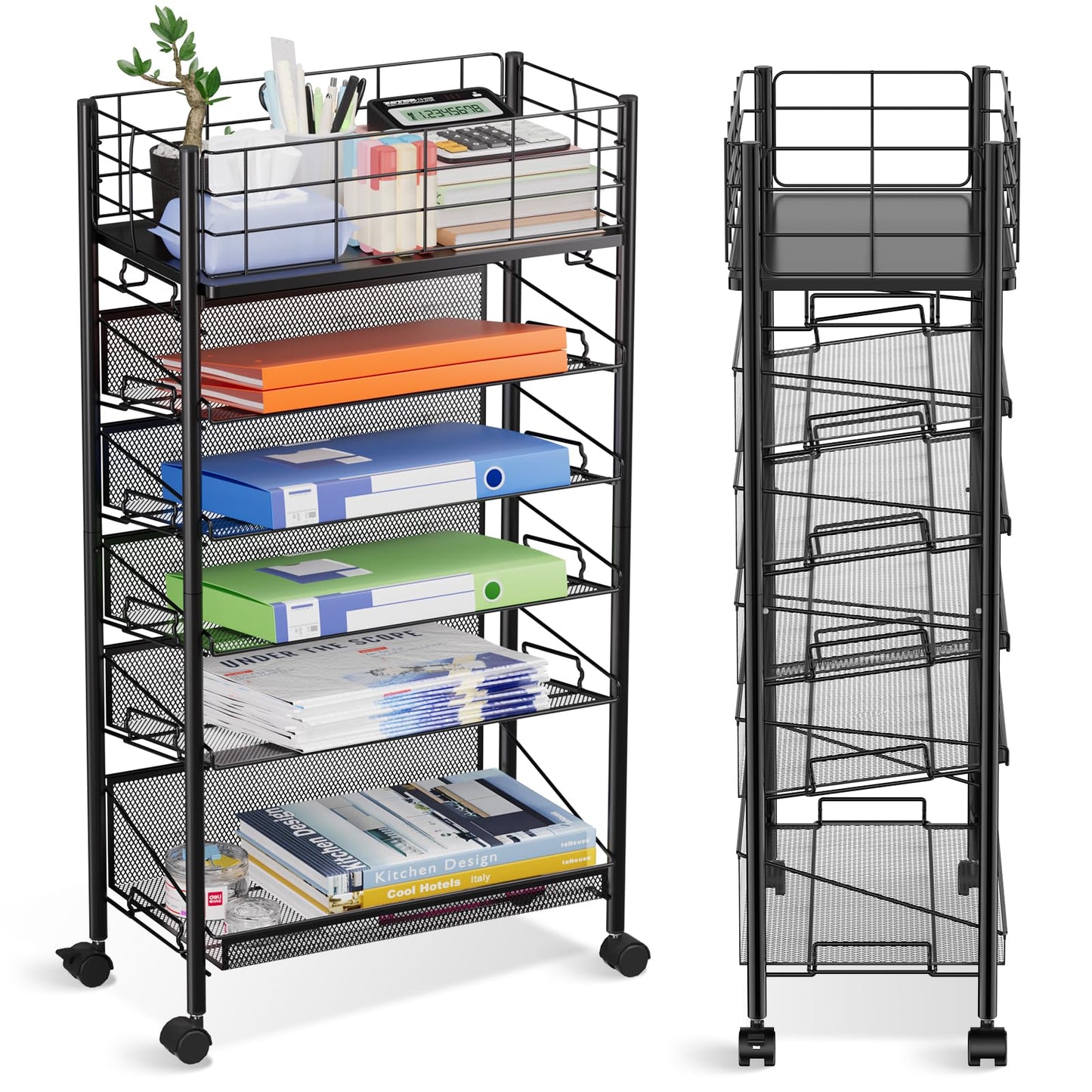 Rolling File Cart with Wheels,Shrivee 6 Tier Metal Rolling File Organizer Cart Beside Desk,Mobile Book Carts with Wheels for Office Home School Teacher Classroom Paper Letter Organization,Black