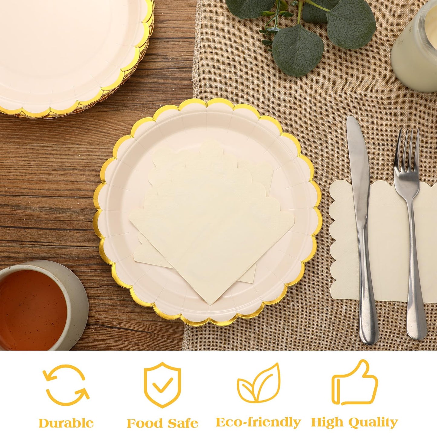 Maxcheck 50 Pcs White Gold Scalloped Paper Plates with Gold Foil 9 Inches Disposable Paper Party Plates for Cake Dessert Birthday Baby Shower Wedding Tea Party Supplies