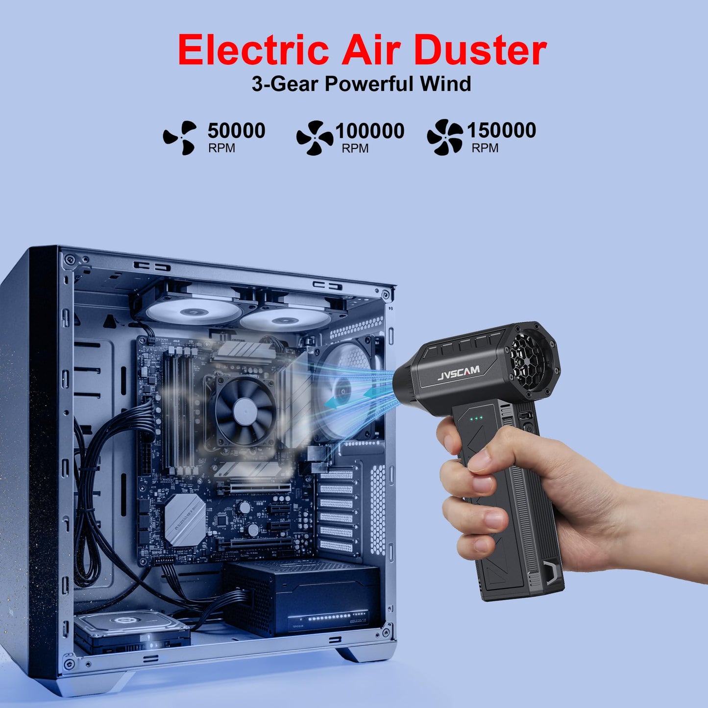 JVSCAM Compressed Air Duster,150000RPM Electric Air Duster, Vacuum Cleaner & Bag Vacuum 3-in-1, Rechargeable with 3-Gear Adjustable Wind Speed for Keyboard,Computer,Car,Home and Storage Bag Sealing