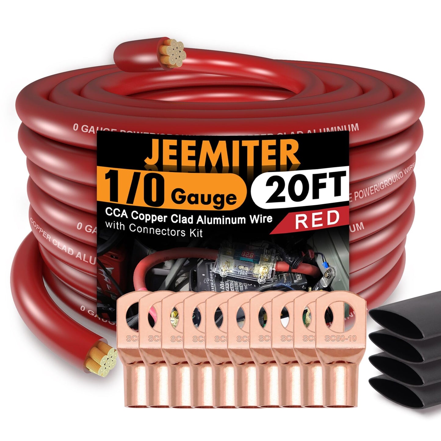 1/0 Gauge Wire Copper Clad Aluminum CAA Car Amplifier Power & Ground Cable，Primary Automotive Wire, Battery Cable, Car Audio Speaker Stereo with Lugs Terminal Connectors and Heat Shrink Tube 20FT Red