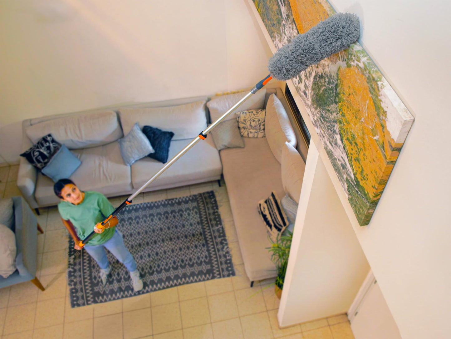 20 Feet High Reach Ceiling Dusters Set with 4-12 ft Extension Pole for Cleaning // Extendable Telescoping Long Reach Cobweb & Feather Dusters for High Ceilings // Extendable Ceiling Fan Blade Cleaner