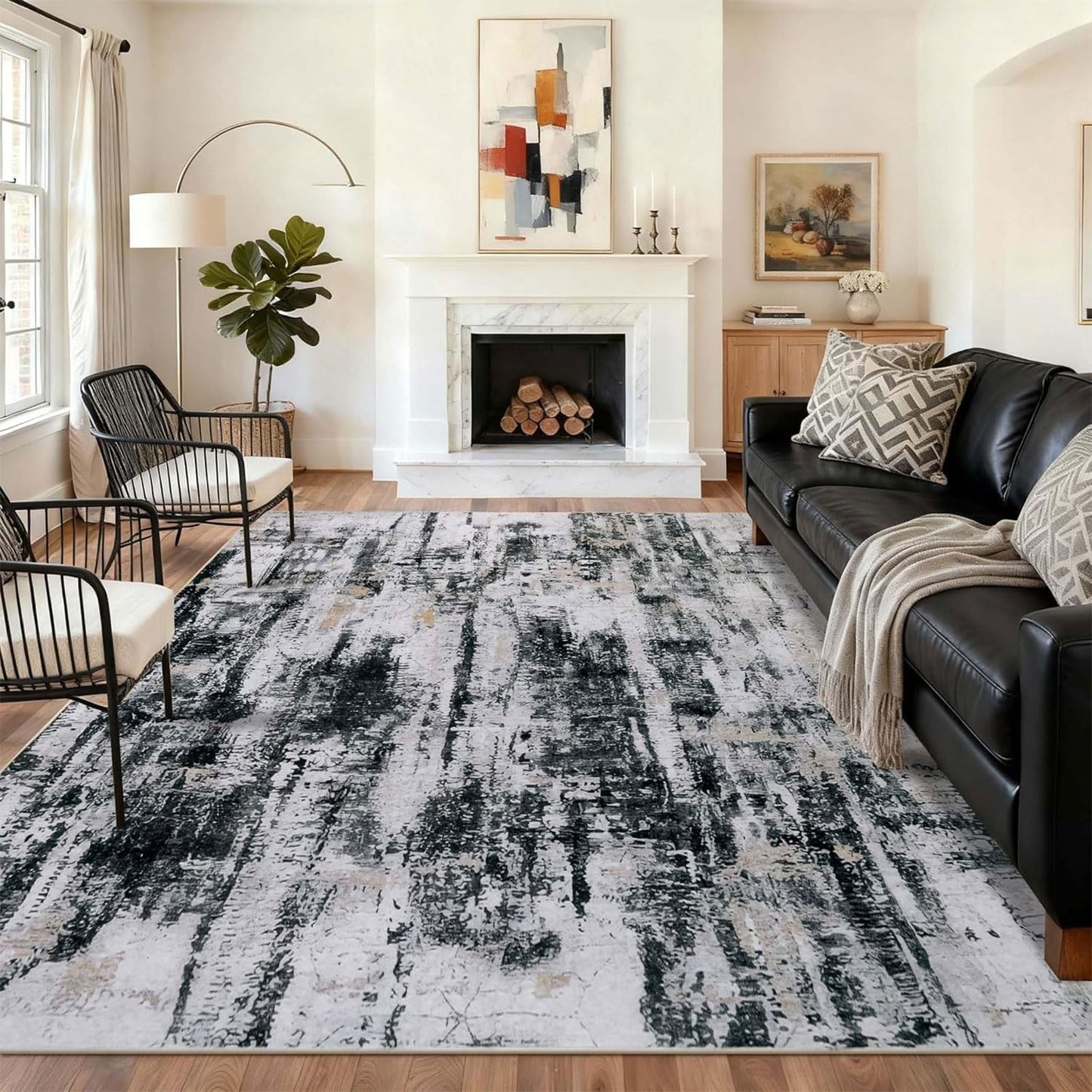 Homcomoda 5x7 Area Rug Living Room Rug Washable Rugs for Bedroom Modern Abstract Area Rug Soft Non Slip Large Carpet for Living Room Dining Room Farmhouse Black