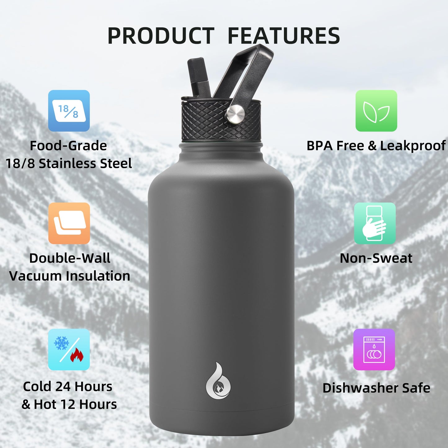 BJPKPK Half Gallon Insulated Water Bottles with Straw Lid, 64oz Large Water Jug, Stainless Steel Bottles with 3 Lids and Paracord Handle, Thermo for Hot & Cold Liquid, Gray