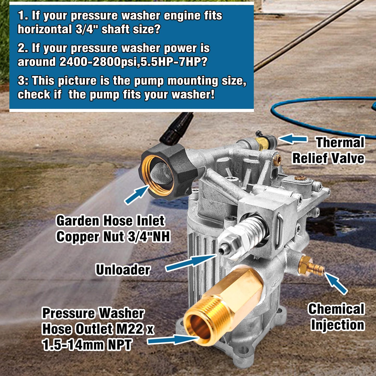 2800PSI Pressure Washer Pump, 3/4’’ Shaft Horizontal Pressure Washer Pump, High Pressure Water Pump Replacement for Pressure Washer