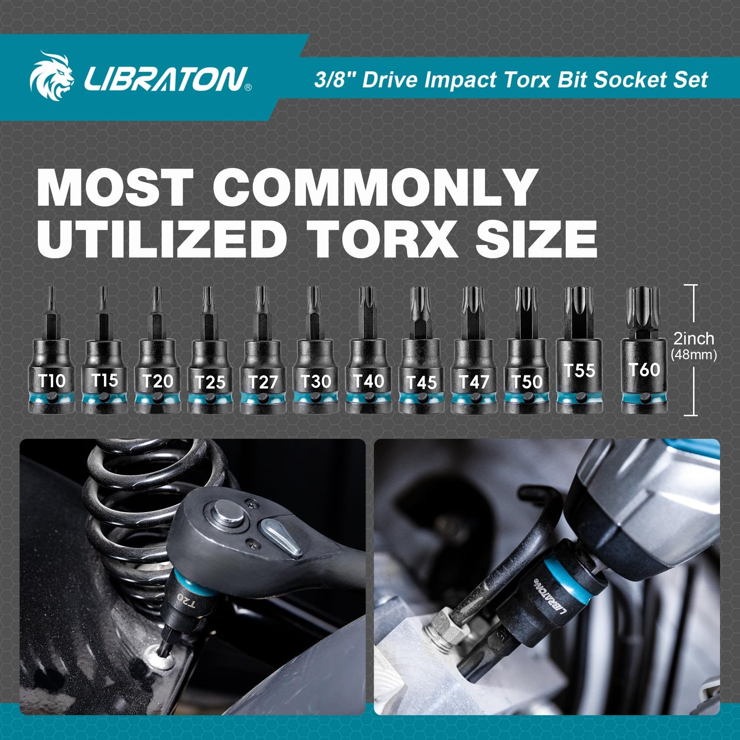 LIBRATON 3/8" Drive Impact Torx Bit Socket Set, Extra Long Torx Socket, S2 Alloy Steel Star Bit Sockets, 24PCS Torx Bit Set, Impact Torx Bit Set, T10-T60, 2in&6in Long Torx Bit Set, Blow Molded Box
