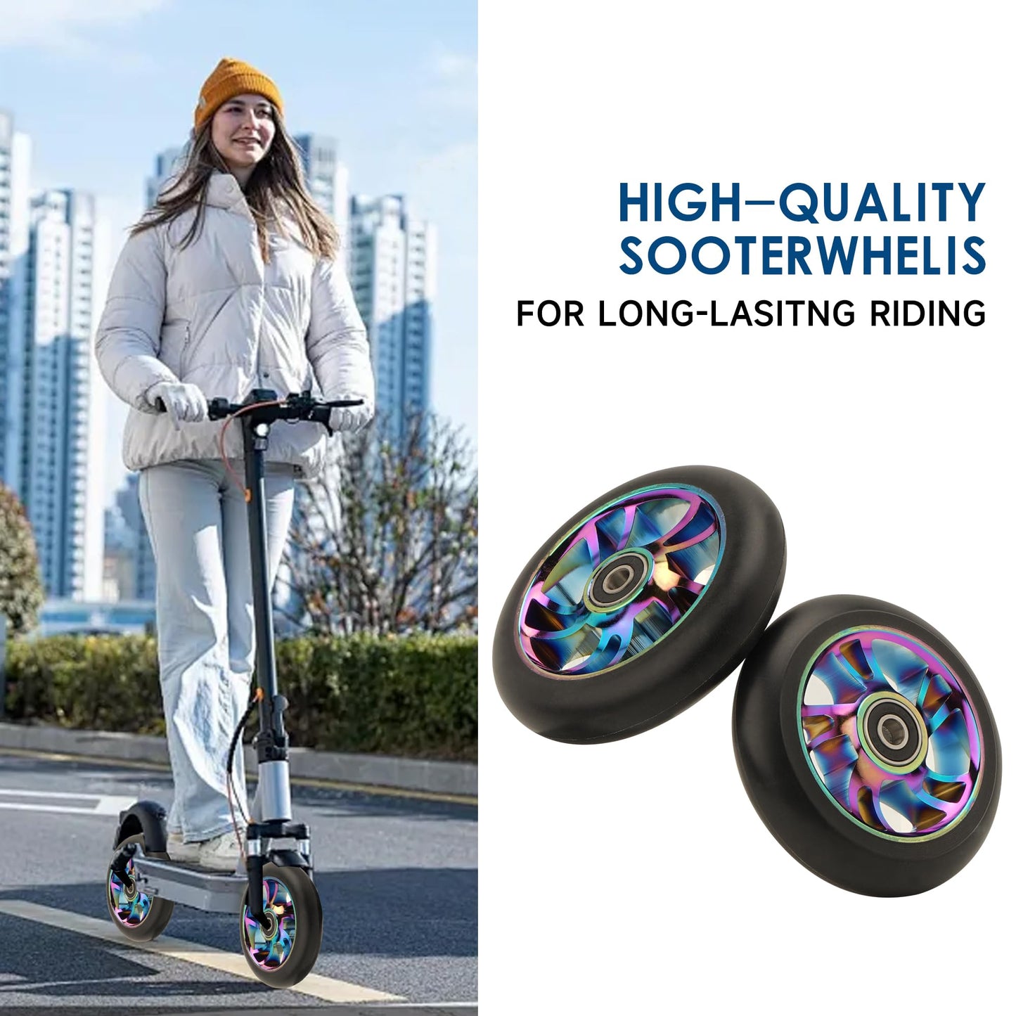 Scooter Wheels Replacement Set, 110mm Scooter Wheels, 2-Pack, Metal Core with High-Rebound PU, Pre-installed Bearings