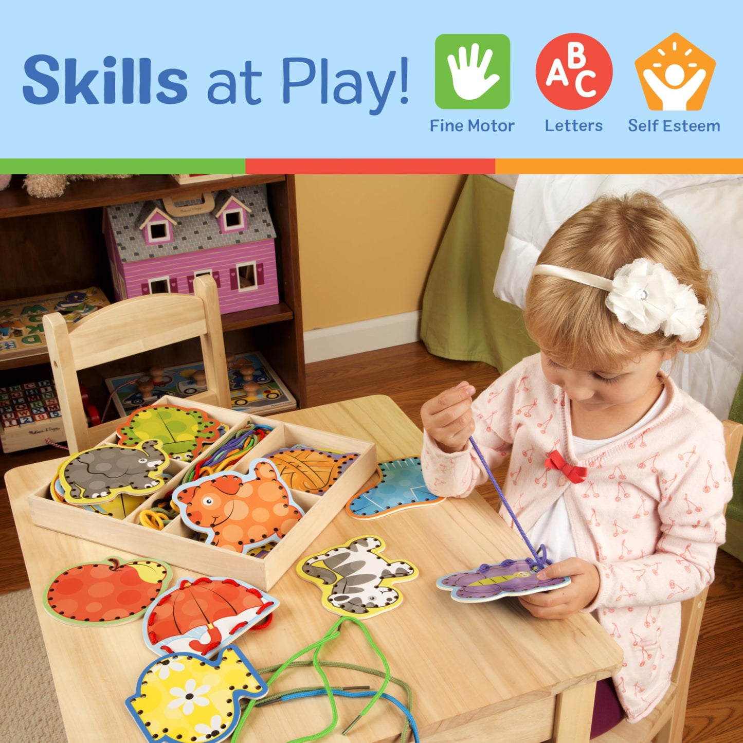 Melissa & Doug Alphabet Wooden Lacing Cards with Double-Sided Panels and Matching LacesFine Motor Skills Threading Cards, Sewing for Preschoolers and Kids Ages 3+