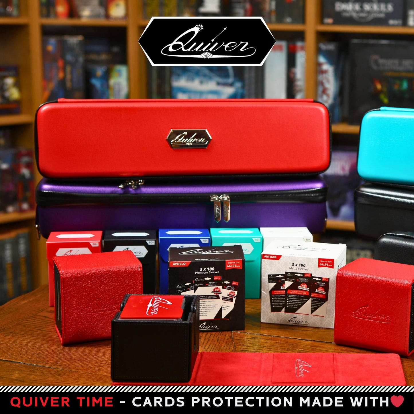 Quiver Time Black Quiver Card Carrying Case - TCG Cards Deck Box Holder for Trading Cards, MTG Bag Playing Card Case (Wrist & Shoulder Strap, Dividers, Separators, Corner Pads + 100 Apollo Sleeves)