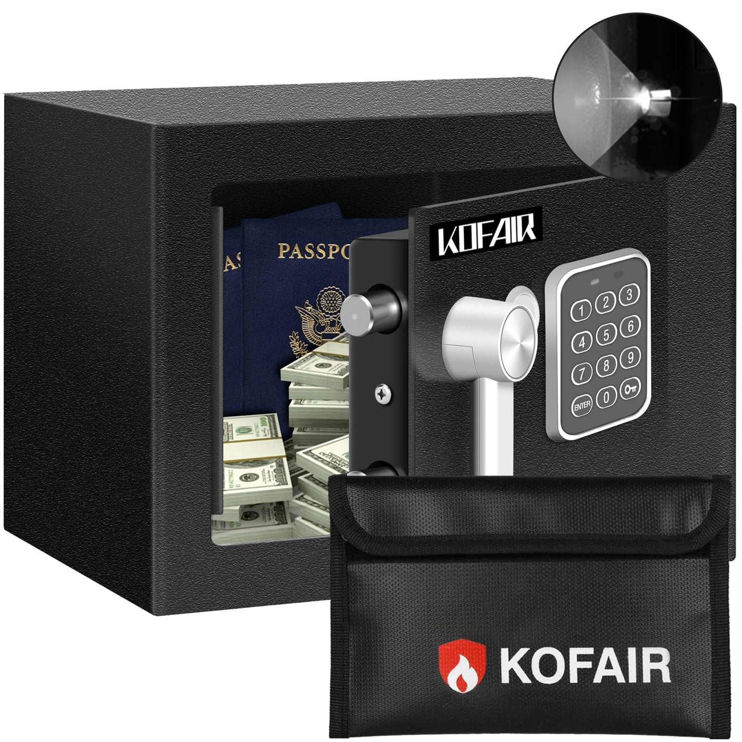 KOFAIR Safe Box for Home Safe (0.23 Cubic Feet) with Fireproof Bag, Personal Money Safe for Cash Saving, Mini Safe Box with Key, Digital Safety Box with Light, Money Lock Box
