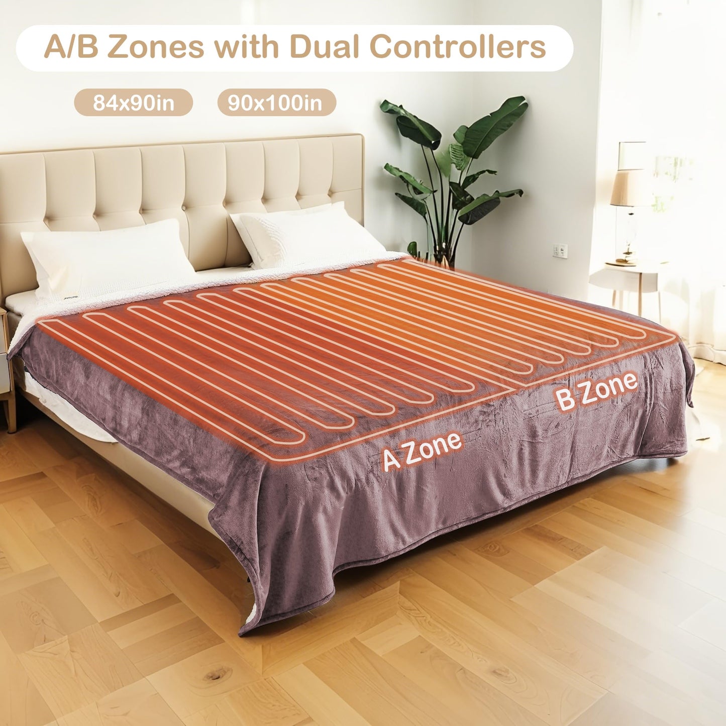 Eydna Electric Heated Blanket Queen Size 84'' x 90''- Soft Plush Flannel Heating Blanket with Dual Controller 10 Heating Level & 1-12 Hour Auto Off, Machine Washable, Purple