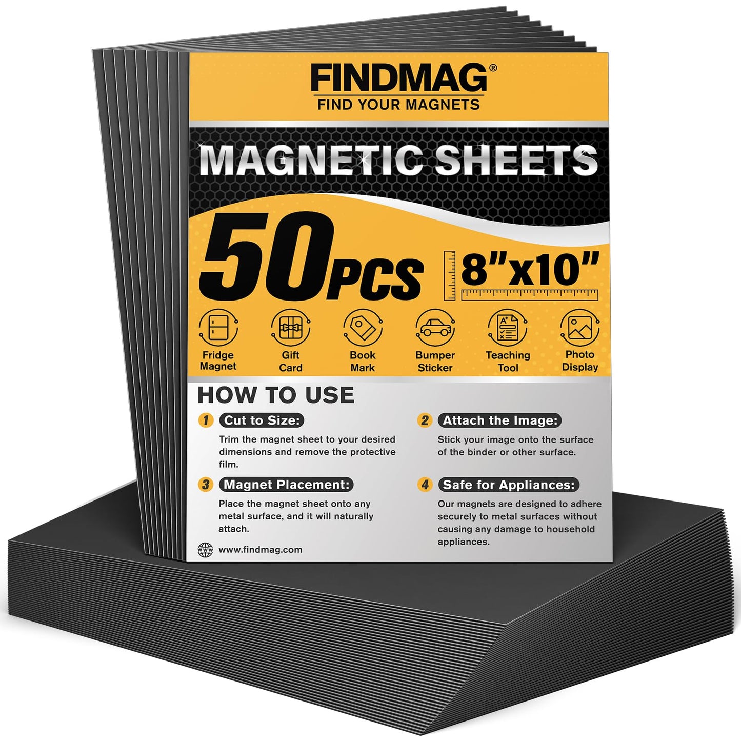 FINDMAG Magnet Sheets with Adhesive, 8” x 10”, Pack of 50, Magnet Papers for Stickers, Magnetic Sheets for Refrigerator, Whiteboard, Cuttable Magnetic Paper for Crafts, Pictures.