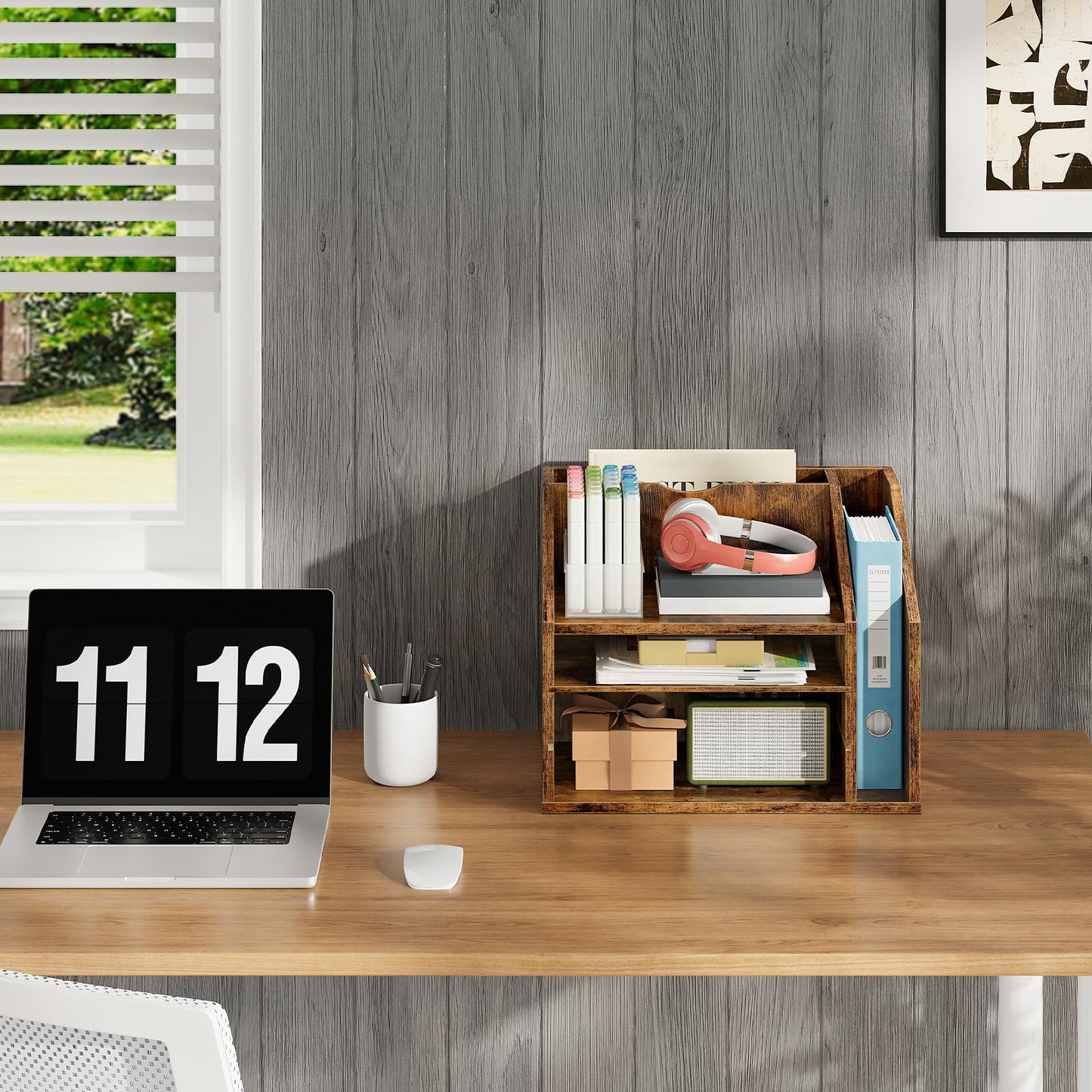 CHOEZON Wooden Desk Organizer with Adjustable Partitions, Multi-Layer Desktop File Holder for Home Office, Paper & Stationery Storage Organizer, Rustic Brown MWJ04FG