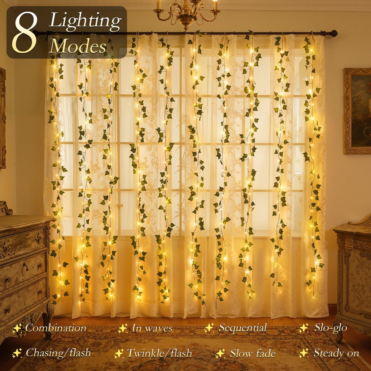 Soagrc Ivy Vines with Fairy Lights, 200 LED Vine Lights with Remote and 8 Lighting Modes, Ivy Curtain Lights for Dorm Wall Wedding Party Garden Decor, 6.6ft x 6.6ft