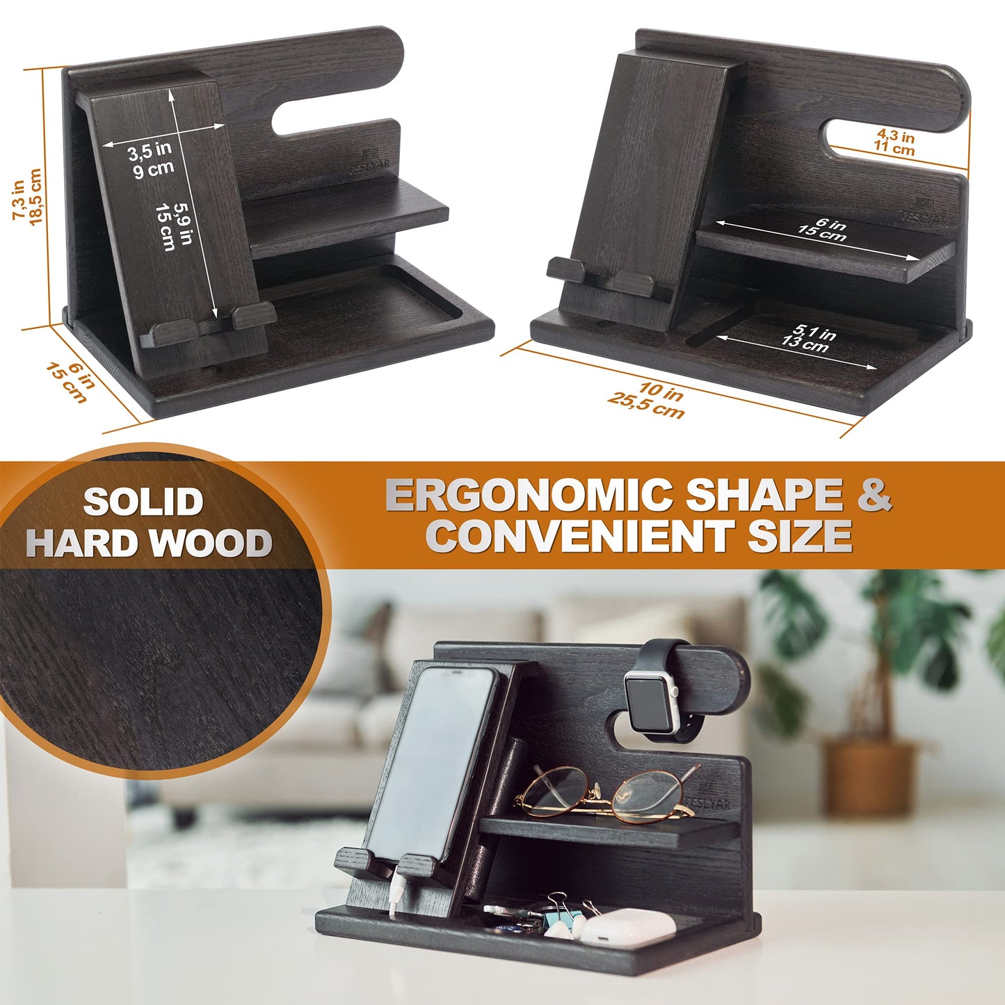 TESLYAR Gifts for Men – Wood Phone Docking Station, Nightstand Desk Organizer, Fathers Gift, Gifts for Dad or for Him, Birthday, Anniversary, Xmas Mens Gift Ideas, Wallet Holder (Fumed Black)
