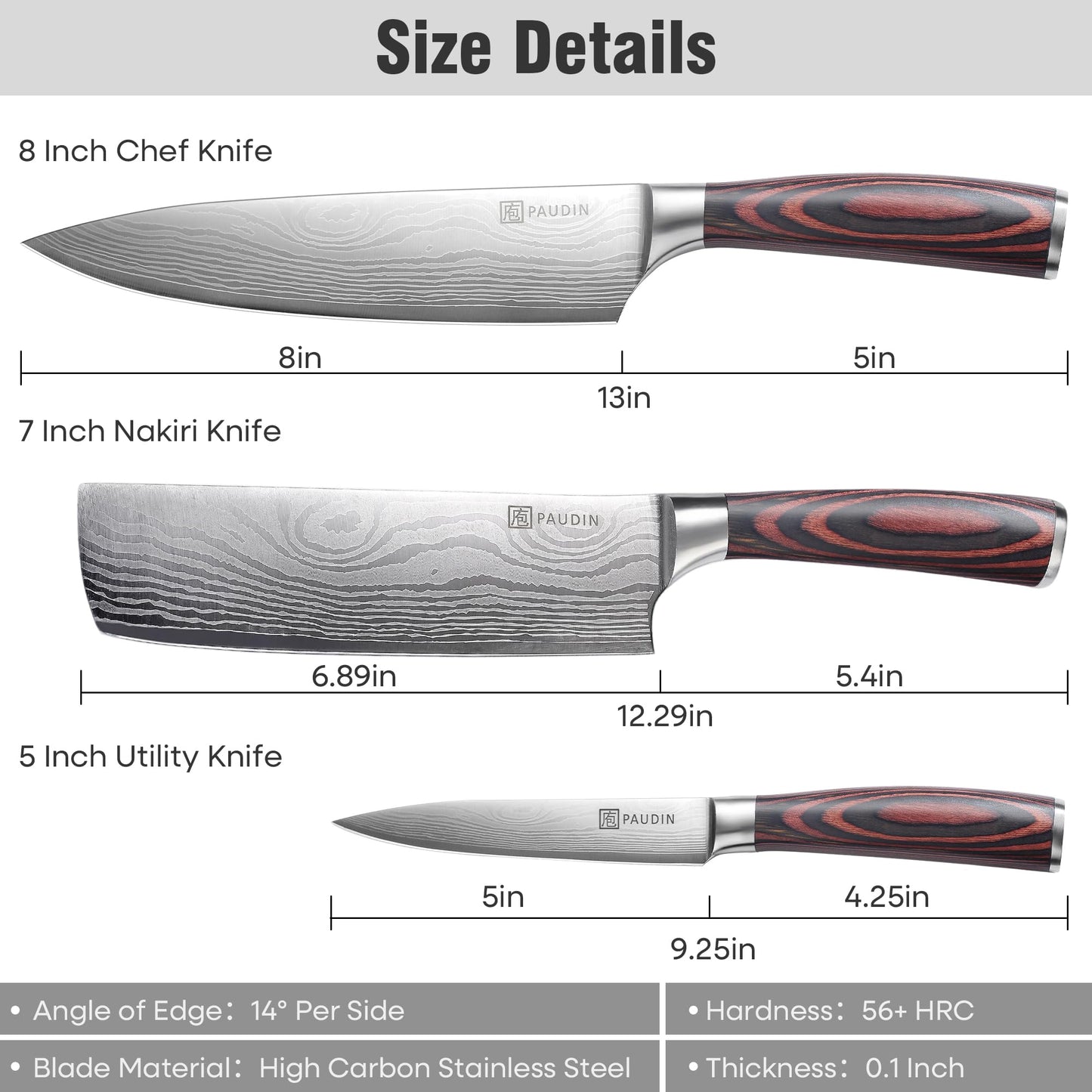 PAUDIN Kitchen Knife Set, Professional Knives Set, Chef Knife Set with Sharp High Carbon Stainless Steel Blade and Pakkawood Handle, Japanese Knife Set with Gift Box (3 PCS Knife Set)