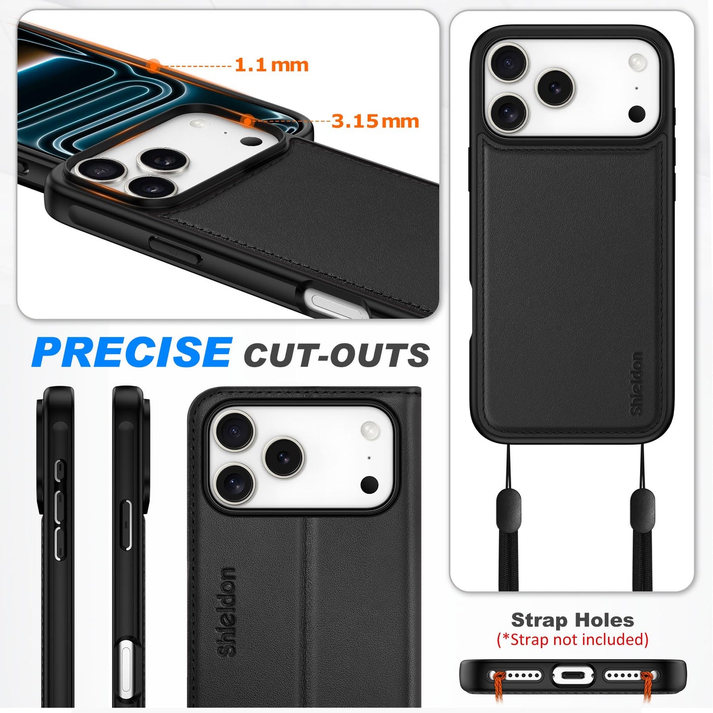 SHIELDON Genuine Leather Detachable Wallet Case for iPhone 17 Pro Max 6.9", Wireless Charging | Removable Cover |Magnetic Kickstand | RFID Blocking | 3 Card Slot 2025 - Nappa Black