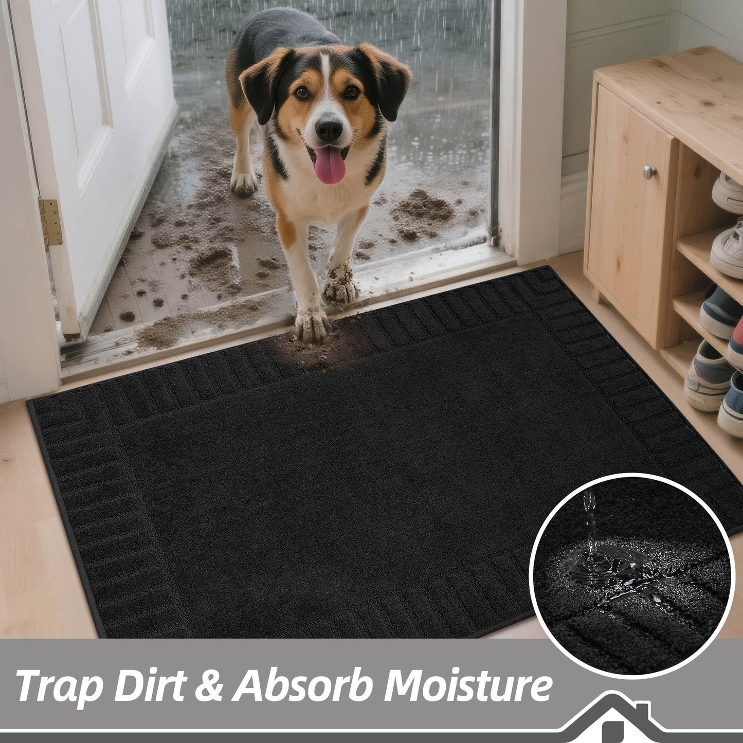BEQHAUSE Large Door Mat Indoor, Super Absorbent Dirt Trapper Front Doormats Washable TPR Non-Slip Entrance Inside Floor Mats Rug for Entryway Pets and Dogs,32"x48", Black