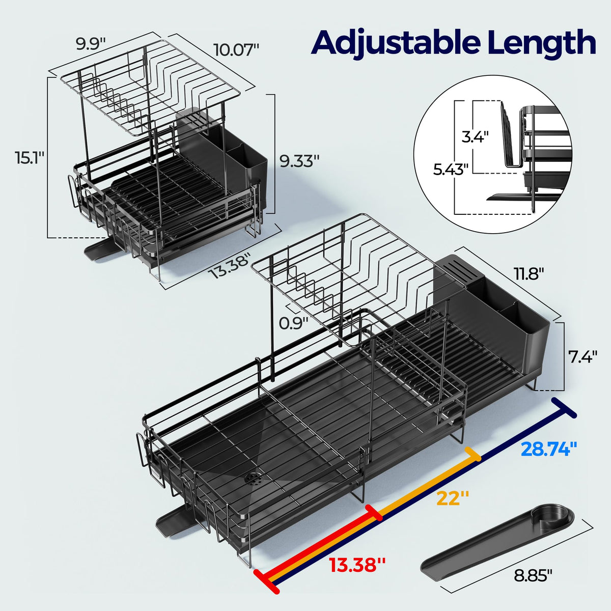Large Dish Drying Rack, Expandable Dish Rack for Kitchen Counter, Upgraded Dish Drainer with Drainboard Set, Multifunctional Dishrack with Utensil Holder & Cup Holder, 13.4"-28.7" L x 11.8" W (2-Tier)