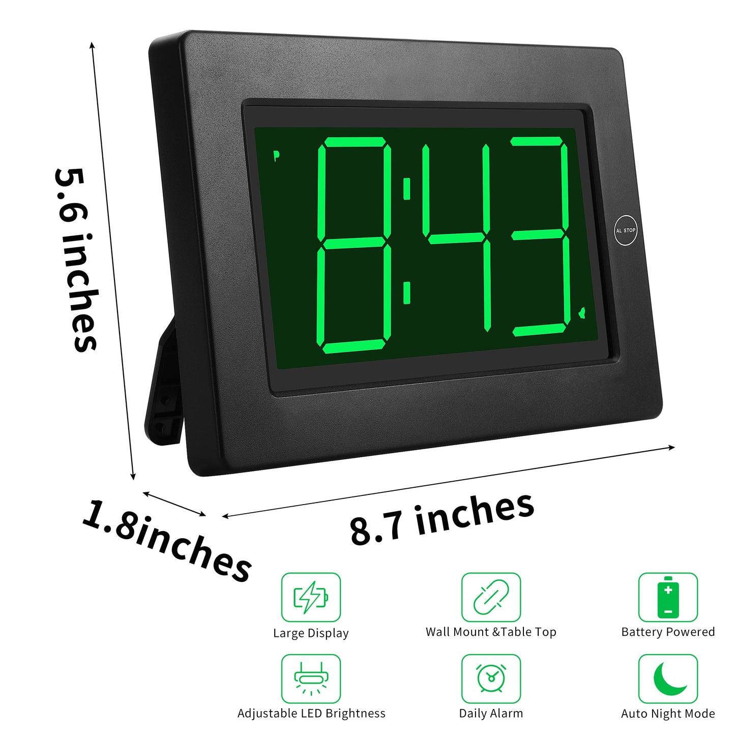 KWANWA Large Digital Alarm Clock, 3" LED Display Battery Operated, Dimmable Auto Night Mode, Easy to Read for Seniors Visually Impaired, Cordless Wall Clock or Table Clock for Bedroom Kitchen Office