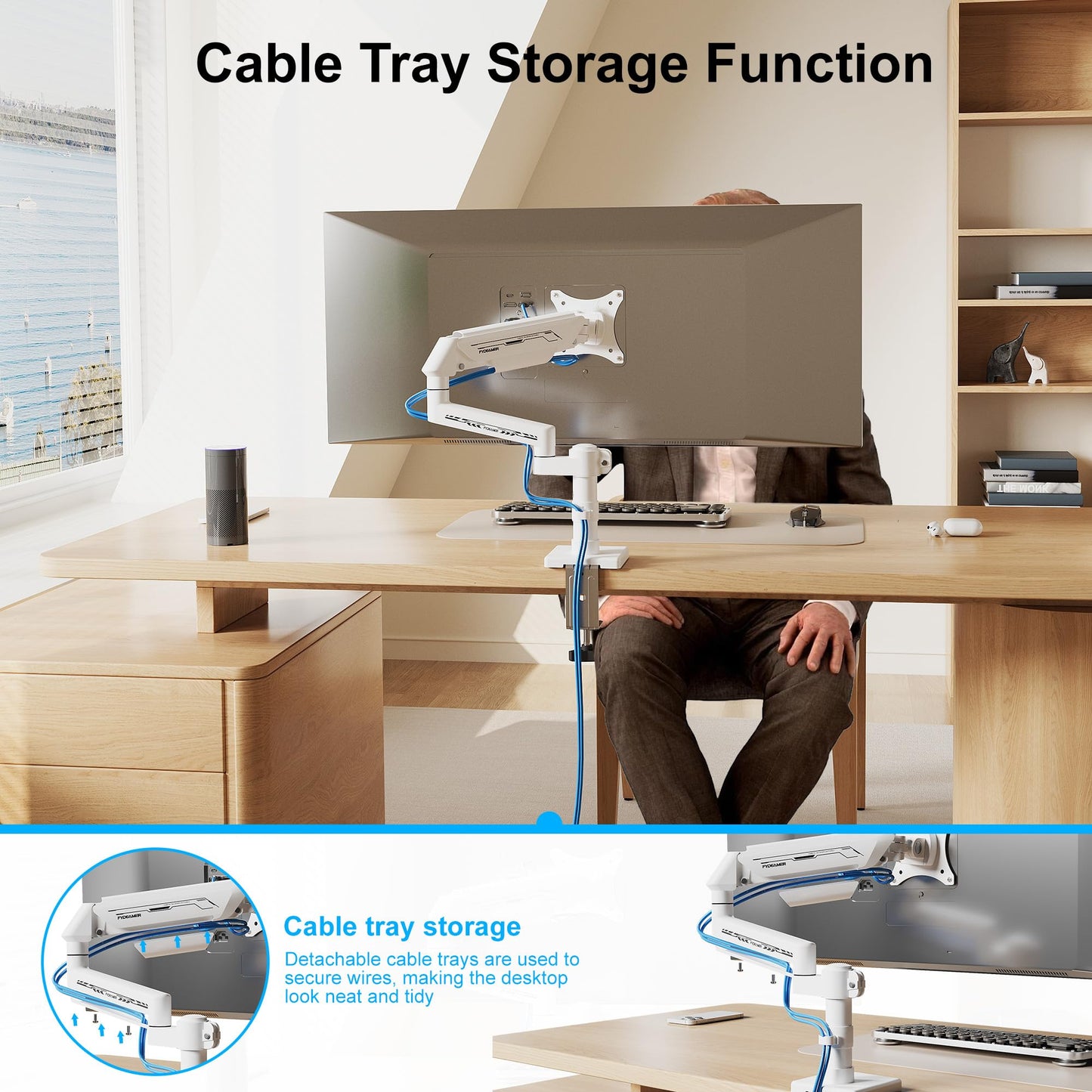 Fydeamer Single Monitor Arm, Heavy Duty Gas Spring Monitor Stand for 17-35 Inch Screens up to 24.2 lbs, VESA Desk Mount with C-Clamp & Grommet Base, White